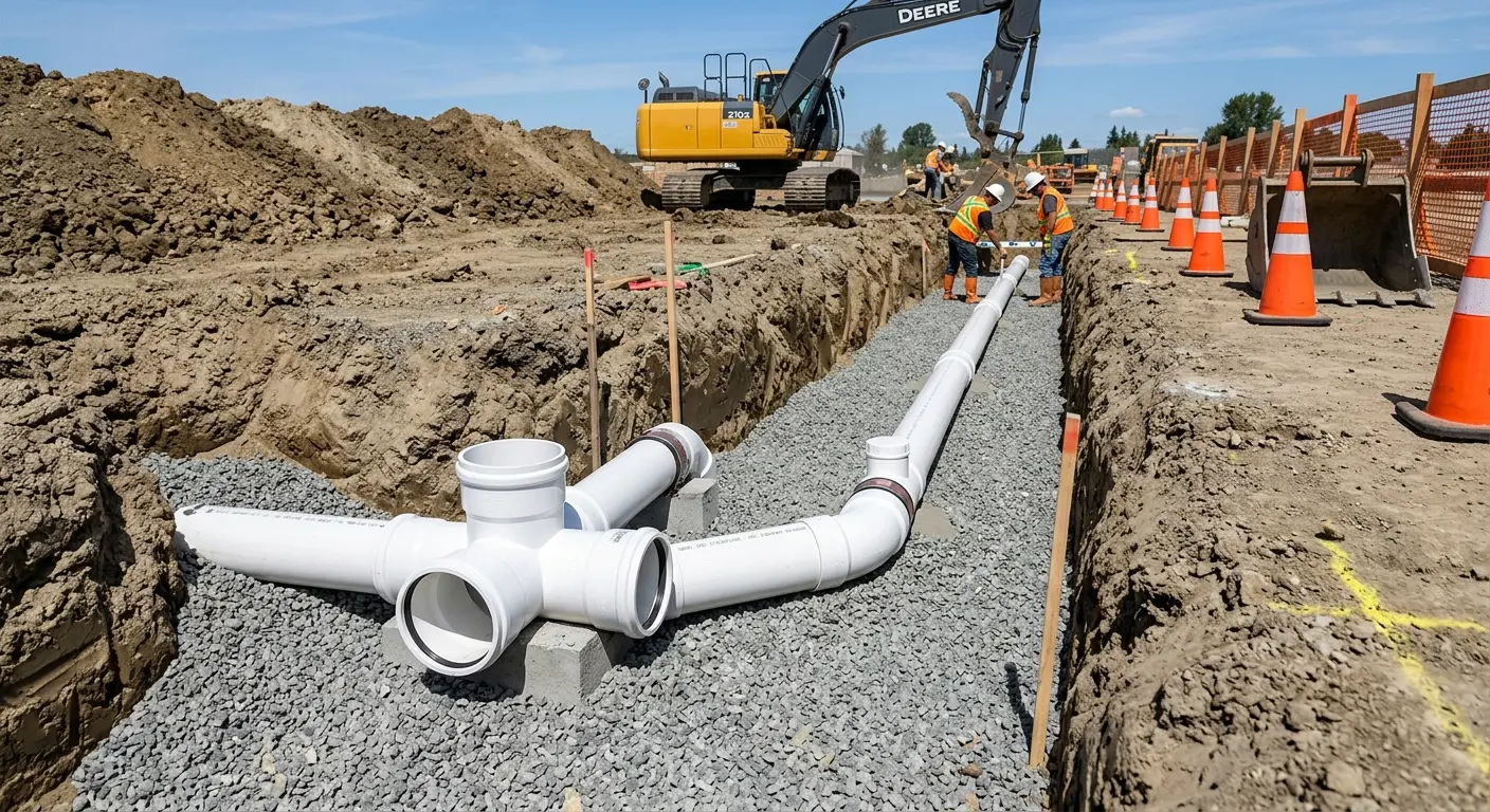 New PVC sewer pipe installation in open trench for Sewer Backup in Rockledge
