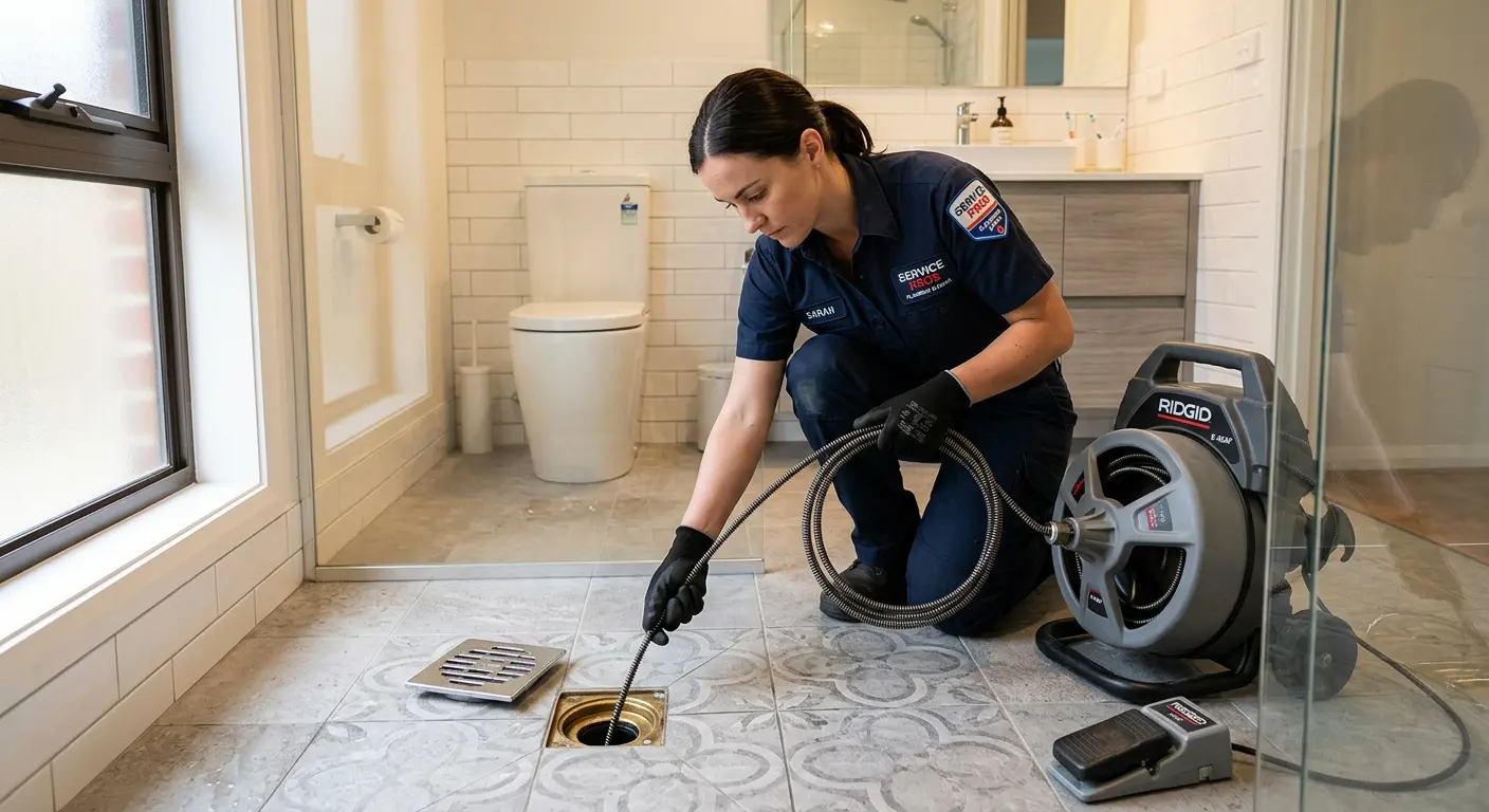 Technician clearing a bathroom floor drain for Drain Cleaning in Rockledge